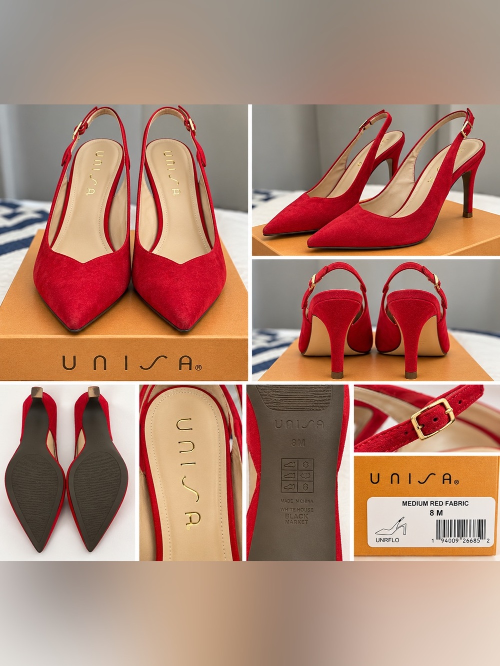Unisa Red Suede Pointed-Toe Slingback Heels